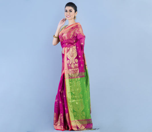 Handloom Saree With all over Zari Work - Purple & Green - ArtisanSoul