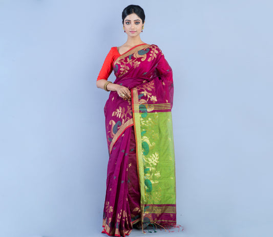 Handloom Saree with all over Zari work on the Saree - Purple and Green - ArtisanSoul