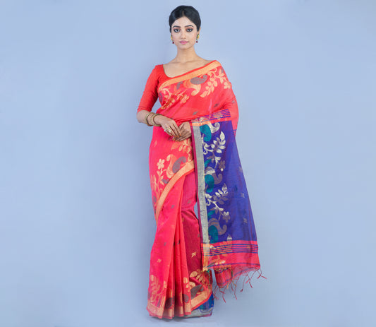 Handloom Saree with all over Zari work on the Saree - Red and Blue - ArtisanSoul
