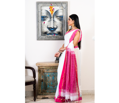 Handloom saree with All Over Chumki Work - White and Pink