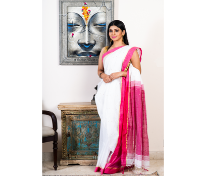 Handloom saree with All Over Chumki Work - White and Pink