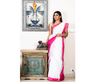 Handloom saree with All Over Chumki Work - White and Pink