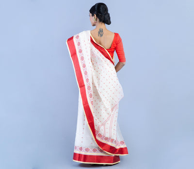 Handloom Tant Saree - White with Red Design & Par