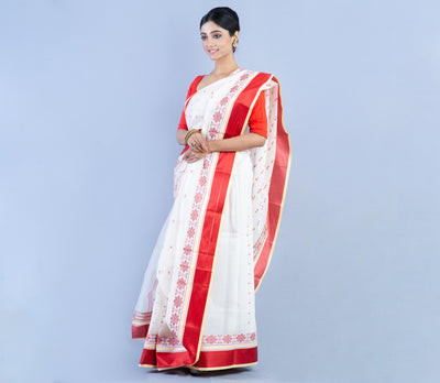 Handloom Tant Saree - White with Red Design & Par