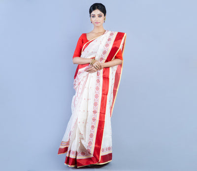 Handloom Tant Saree - White with Red Design & Par