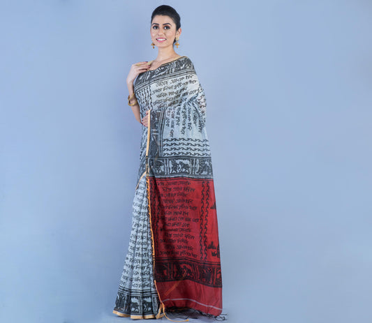 Printed Cotton Silk Saree - Gray & Red - ArtisanSoul