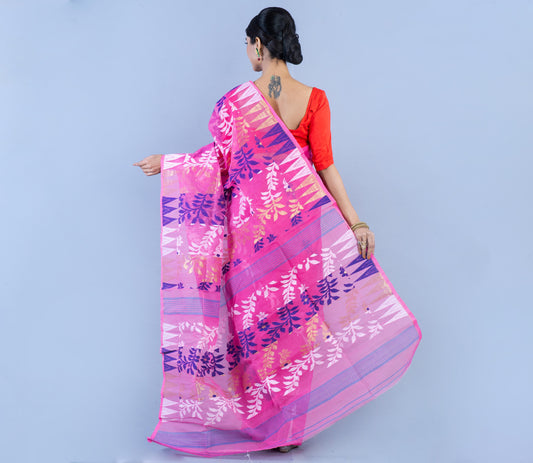 Handloom Jamdani Saree - Blue & Whit Work On Pink - ArtisanSoul