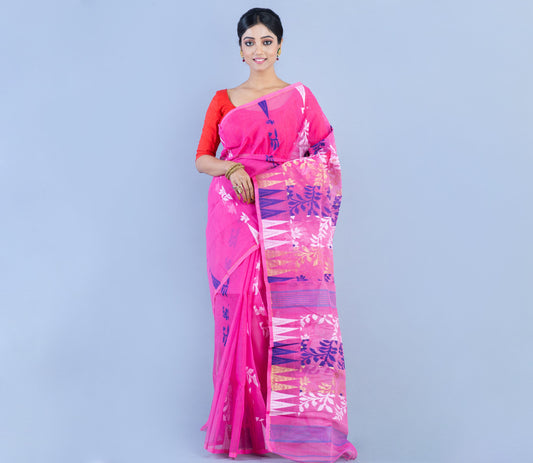 Handloom Jamdani Saree - Blue & Whit Work On Pink - ArtisanSoul