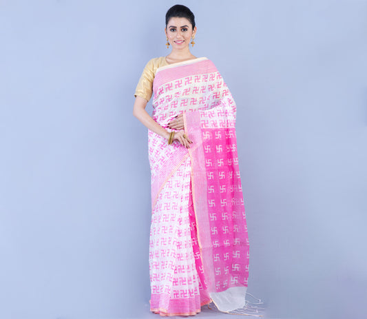 Printed Handloom Saree - White & Pink - ArtisanSoul