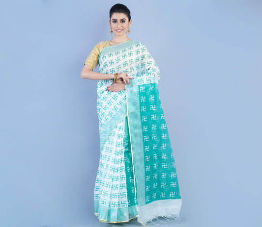 Handloom Printed Saree - Whit & Sky Blue - ArtisanSoul