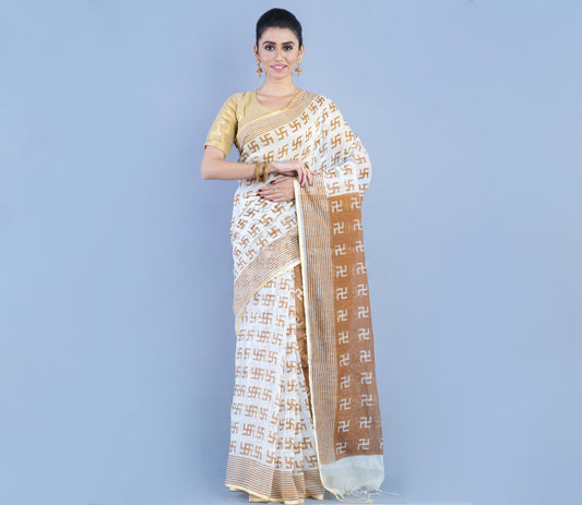 Handloom Printed Saree - White & Golden - ArtisanSoul