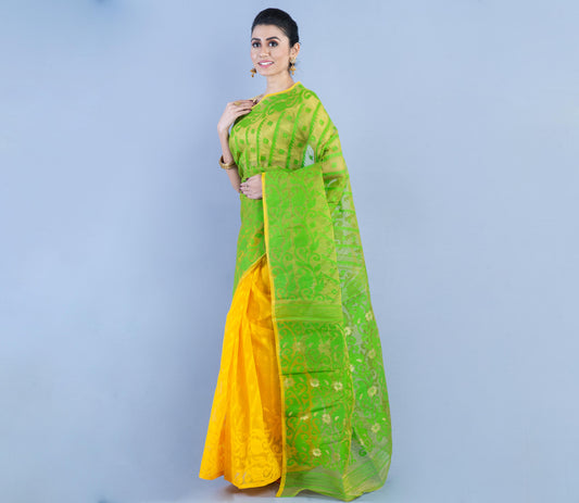 Handloom Jamdani Saree with all body Work - Yellow & Green - ArtisanSoul