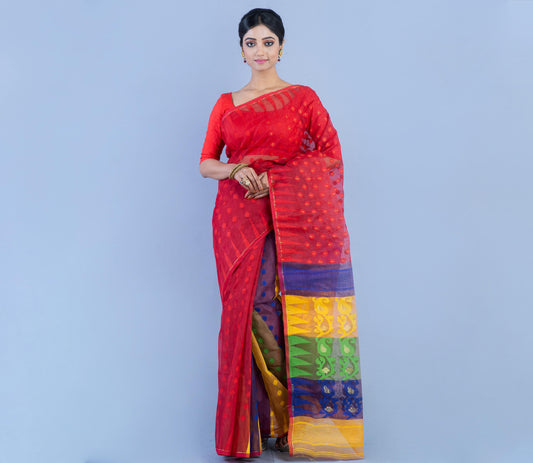 Handloom Jamdani Saree - Blue & Yellow on Red - ArtisanSoul
