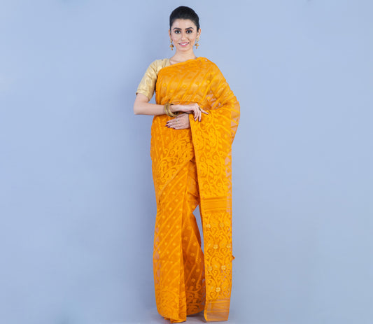 Handloom Jamdani Saree with all body Work - Chrome Yellow - ArtisanSoul