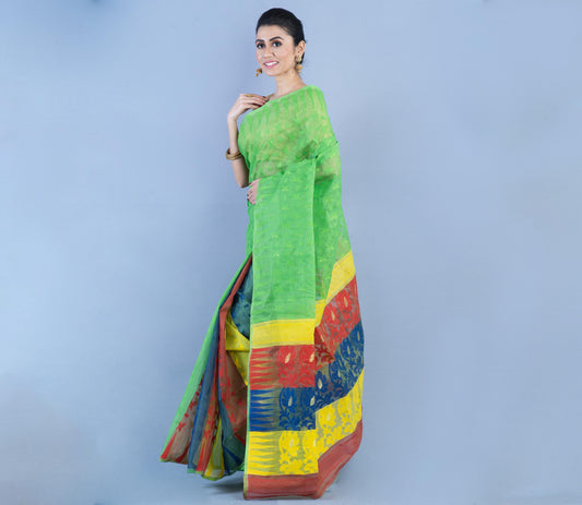 Handloom Jamdani Saree - Yellow & Red on Green