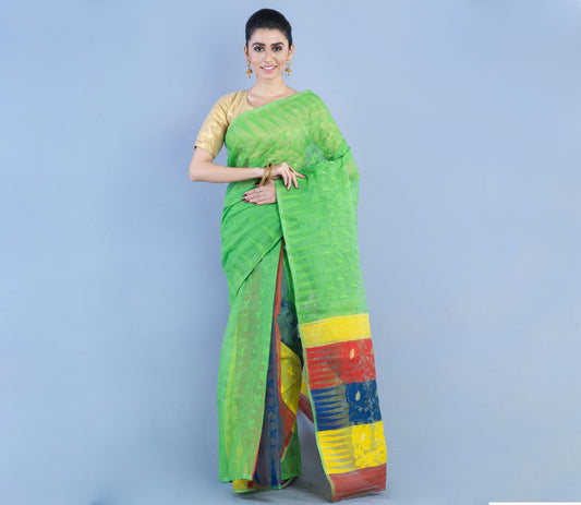 Handloom Jamdani Saree - Yellow & Red on Green