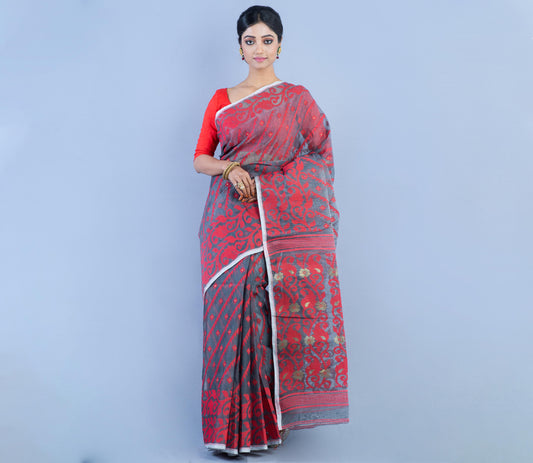 Handloom Jamdani Saree with all body Work - Red on Grey - ArtisanSoul