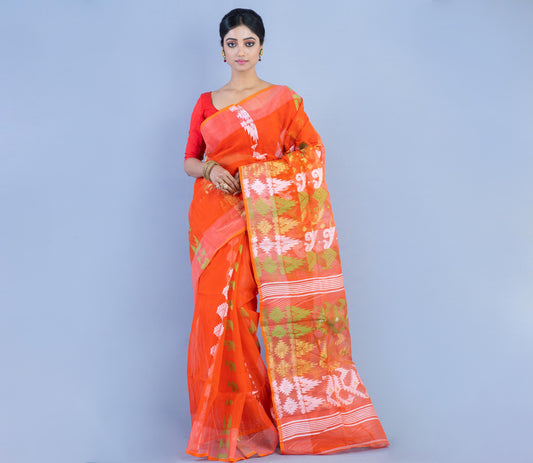 Handloom Jamdani Saree - Orange & White - ArtisanSoul