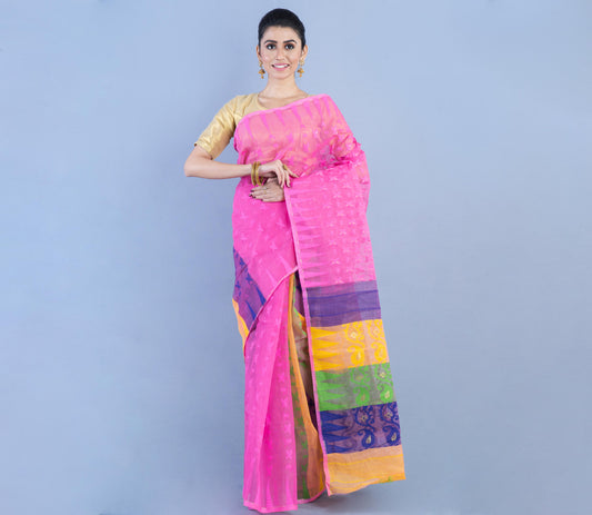 Handloom Jamdani Saree- Blue and Yellow on Pink - ArtisanSoul