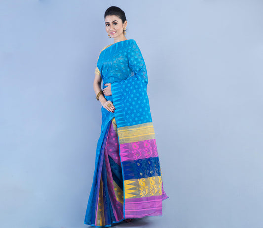 Handloom Jamdani Saree- Pink & Yellow on Blue - ArtisanSoul