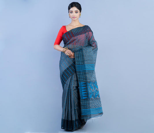 Handloom Jamdani Saree with all body Work - Blue on Black - ArtisanSoul