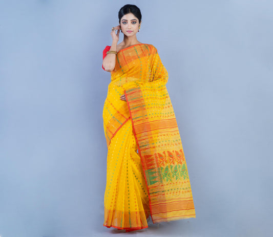 Handloom Jamdani Saree with all body Work - Red & Green on Yellow - ArtisanSoul