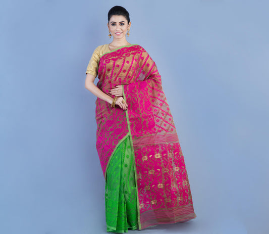 Handloom Jamdani Saree with all body Work - Purple & Green - ArtisanSoul