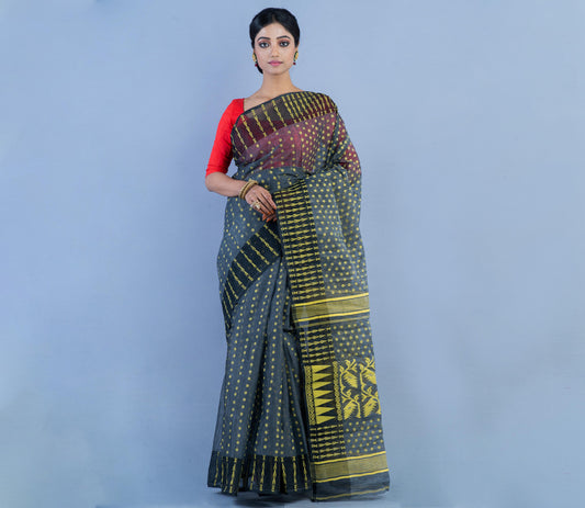 Handloom Jamdani Saree with all body Work - Light Yellow on Black - ArtisanSoul