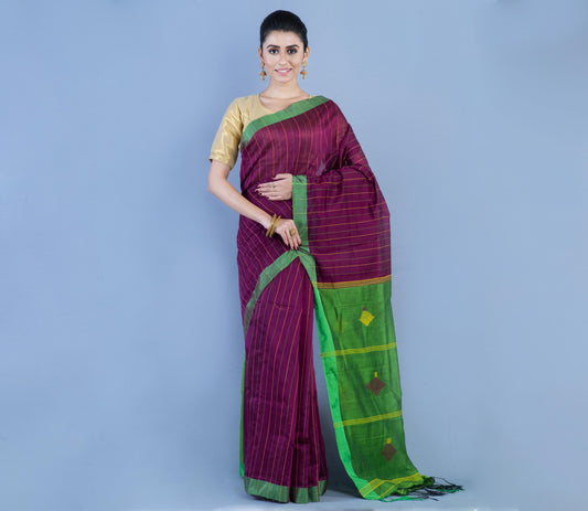 Handloom Cotton Silk Saree - Violet & Green - ArtisanSoul