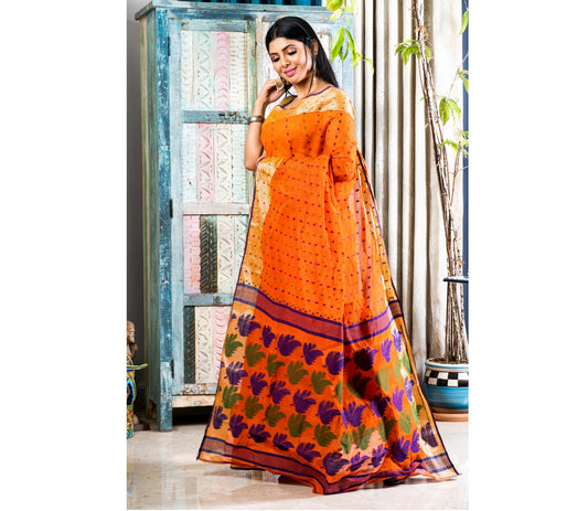 Handloom Tant Saree - Blue & Green thread Work On Orange
