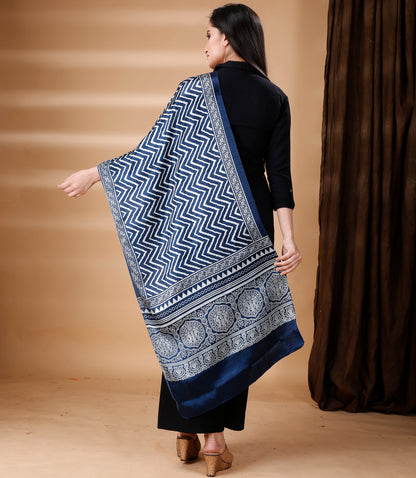 Ajrakh Print Modal Silk Stole From Bengal - Blue