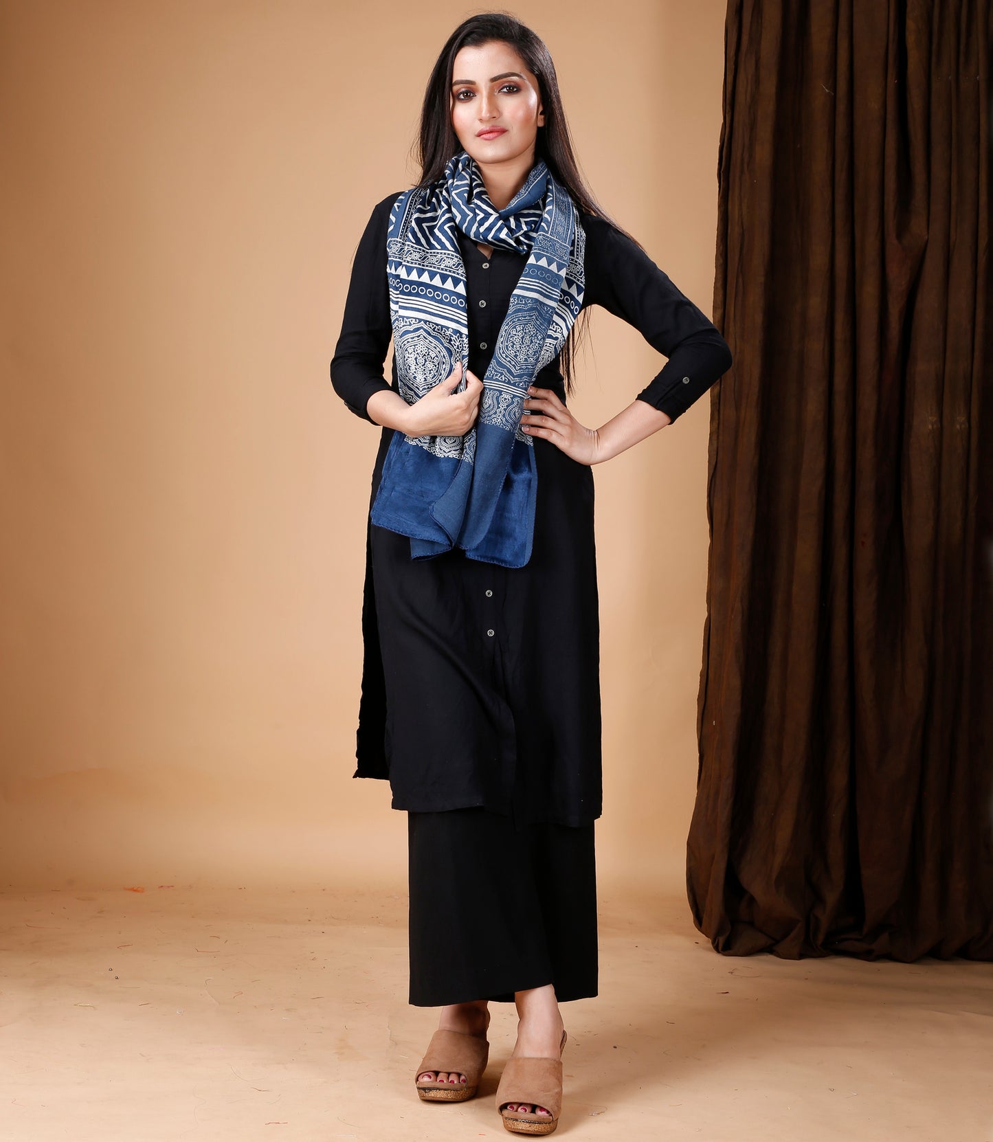 Ajrakh Print Modal Silk Stole From Bengal - Blue