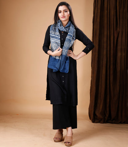 Ajrakh Print Modal Silk Stole From Bengal - Blue