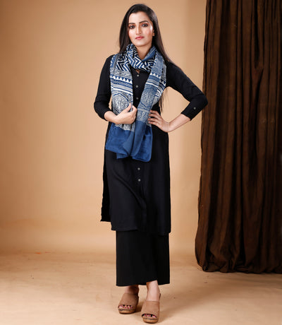Ajrakh Print Modal Silk Stole From Bengal - Blue