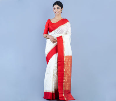Handloom Garod Saree - White with Red Par & Anchal