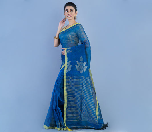 Linen Handloom Saree With Zari Work - Blue - ArtisanSoul