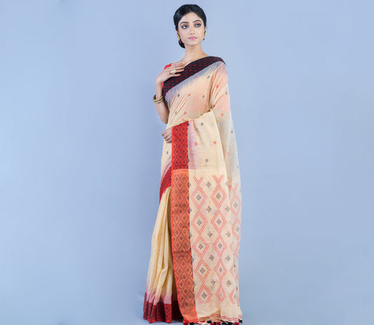 Neemki Kaj On Handloom Saree - Maroon & Black Par On Vanilla Color - ArtisanSoul