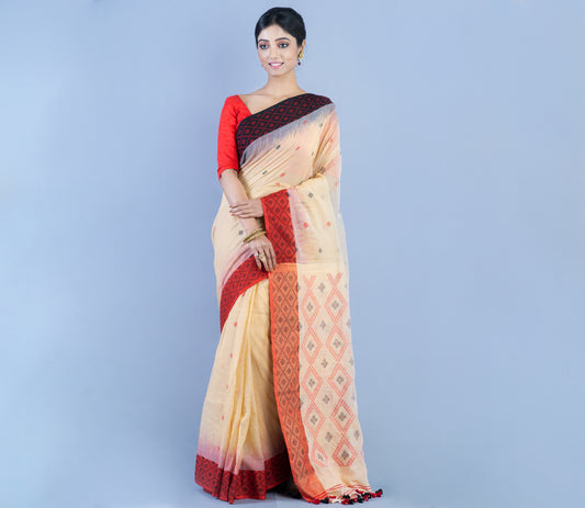 Neemki Kaj On Handloom Saree - Maroon & Black Par On Vanilla Color - ArtisanSoul