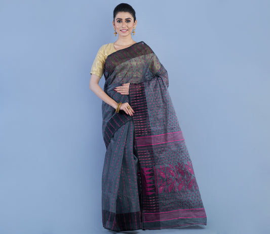 Handloom Jamdani Saree with All body Work - Pink & Black On Gray - ArtisanSoul