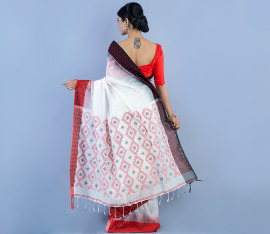 Neemki Kaj On Handloom Saree - Black & Red On White - ArtisanSoul