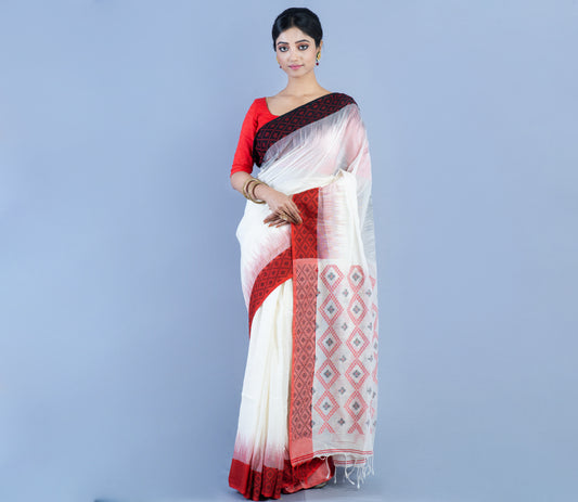 Neemki Kaj On Handloom Saree - Black & Red On White - ArtisanSoul