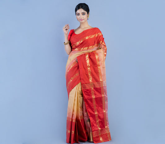Handloom Tant Saree - Red and Vanilla - ArtisanSoul