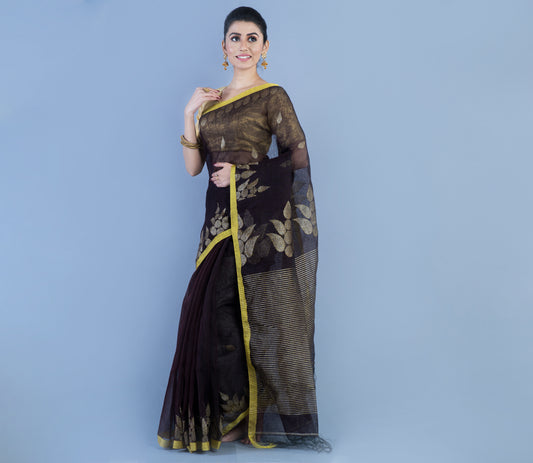 Linen Handloom Saree - Black with Zari Work - ArtisanSoul