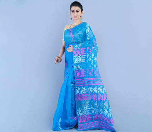 Handloom jamdani Saree - Sky Blue - ArtisanSoul