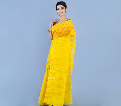 Handloom Jamdani Saree With All Body Work - Yellow