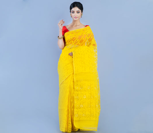 Handloom Jamdani Saree With All Body Work - Yellow