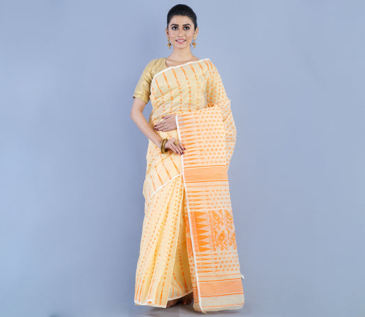 Handloom Jamdani Saree With all body Work - Orange On Vanilla - ArtisanSoul