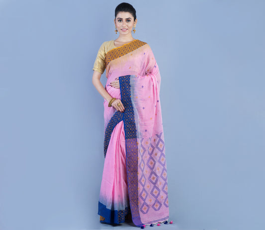 Neemki Kaj on Handloom Saree - Brown & Blue Par On Pink - ArtisanSoul