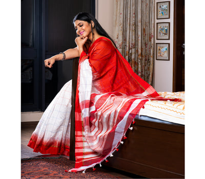 Handloom Saree - Red & White