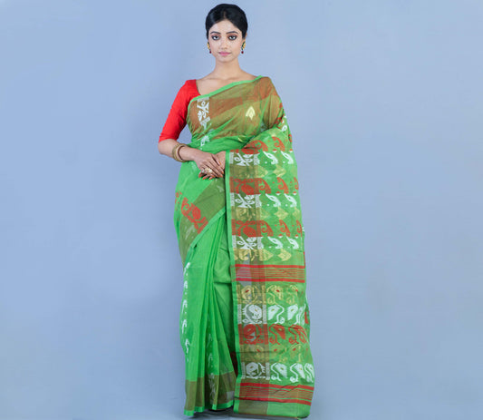 Handloom Jamdani Saree - Red & White On Green - ArtisanSoul